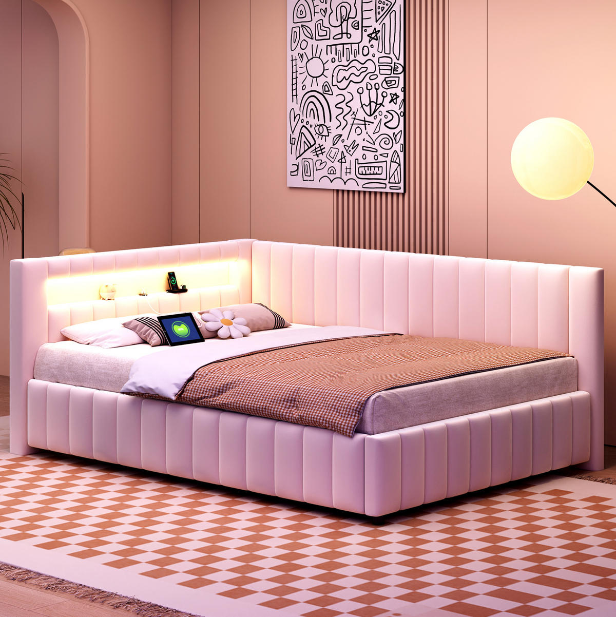 SAMT-POLSTERBETT 140/200 cm mit LED-Beleuchtung und USB in Beige - Beige, Textil (140/200cm) - BEAOK