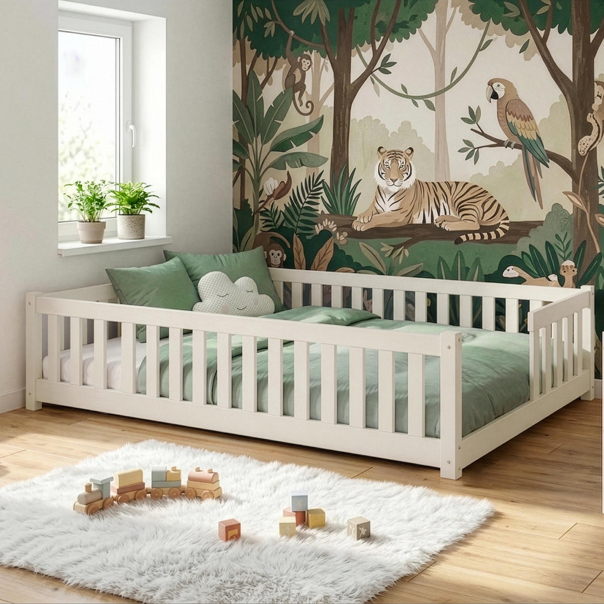 BODENBETT 140x200 cm in Baumwolle - Beige, Holz (140/200cm) - Kids Collective