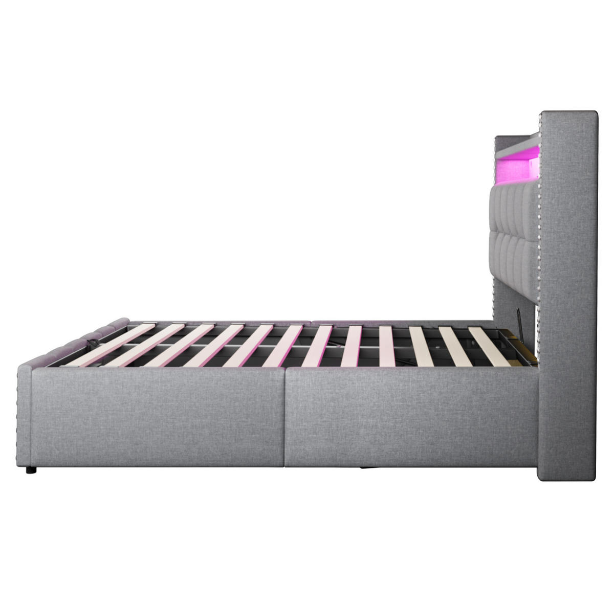 POLSTERBETT mit Stauraum und LED 160x200 cm Leinenstoff Hellgrau - Hellgrau, Metall (160/200cm) - Beauniv