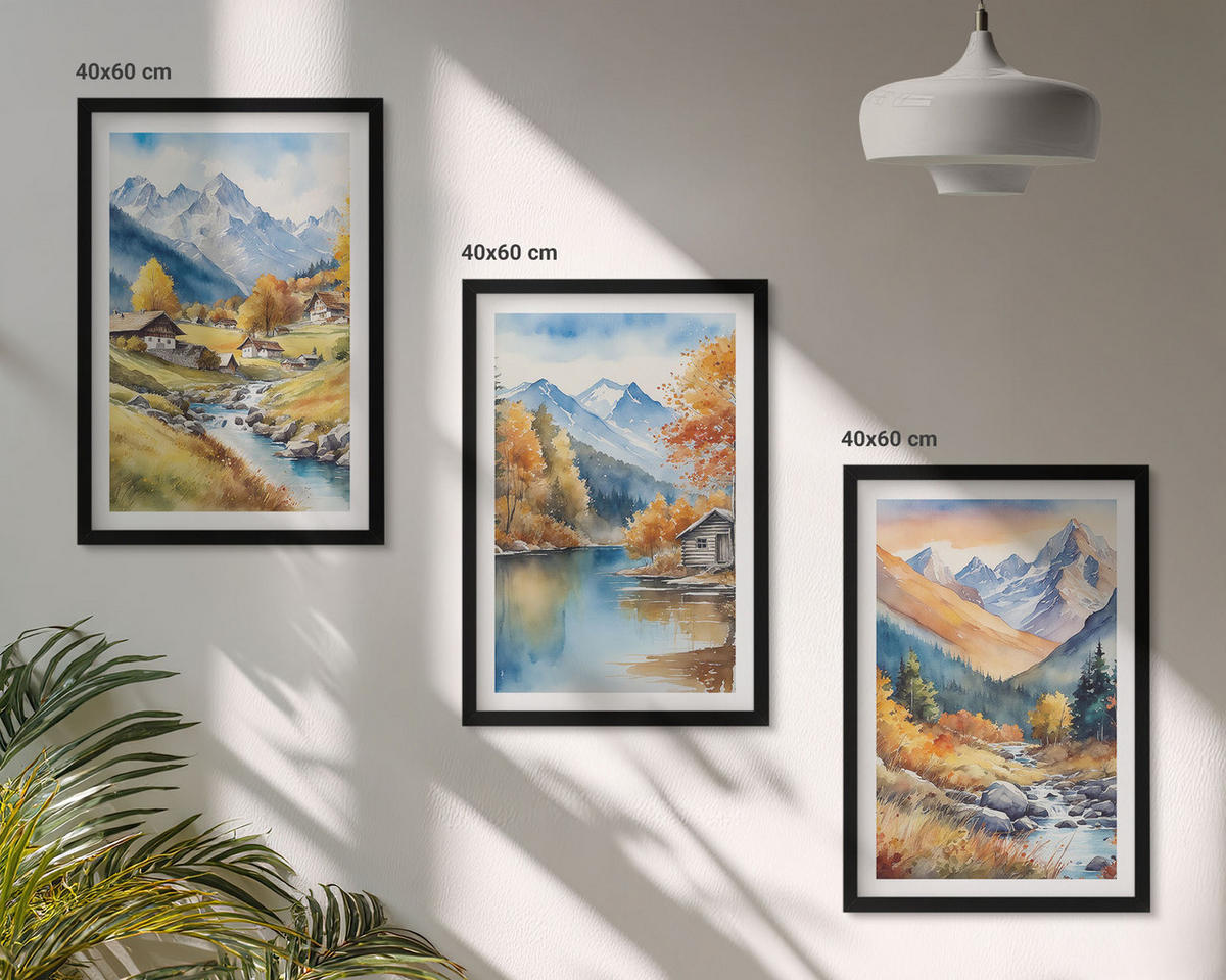 WANDBILDER 3er-Set - 40x60 cm Schwarzer Rahmen - Herbstliche Berge, Flusshäuser - Schwarz, Kunststoff (40/60cm) - ArtPrintCave
