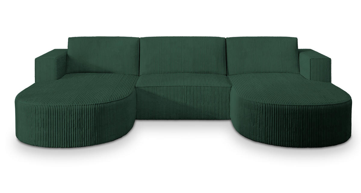 WOHNLANDSCHAFT VEZZO P Grün Kordstoff mit Schlaffunktion - Grün, Holz (347/85/174cm) - MASSENO