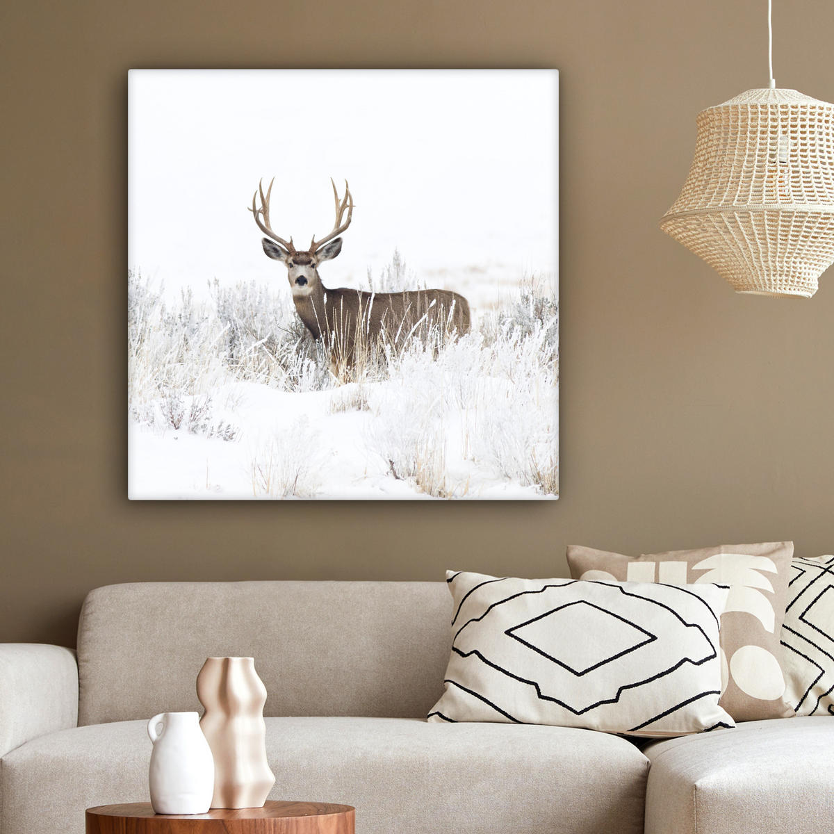 LEINWANDBILD Hirsche - Winter - Schnee - Tiere - Jahreszeiten - Weiß 90x90 cm - Hellbraun, Textil (90/90cm) - MuchoWow