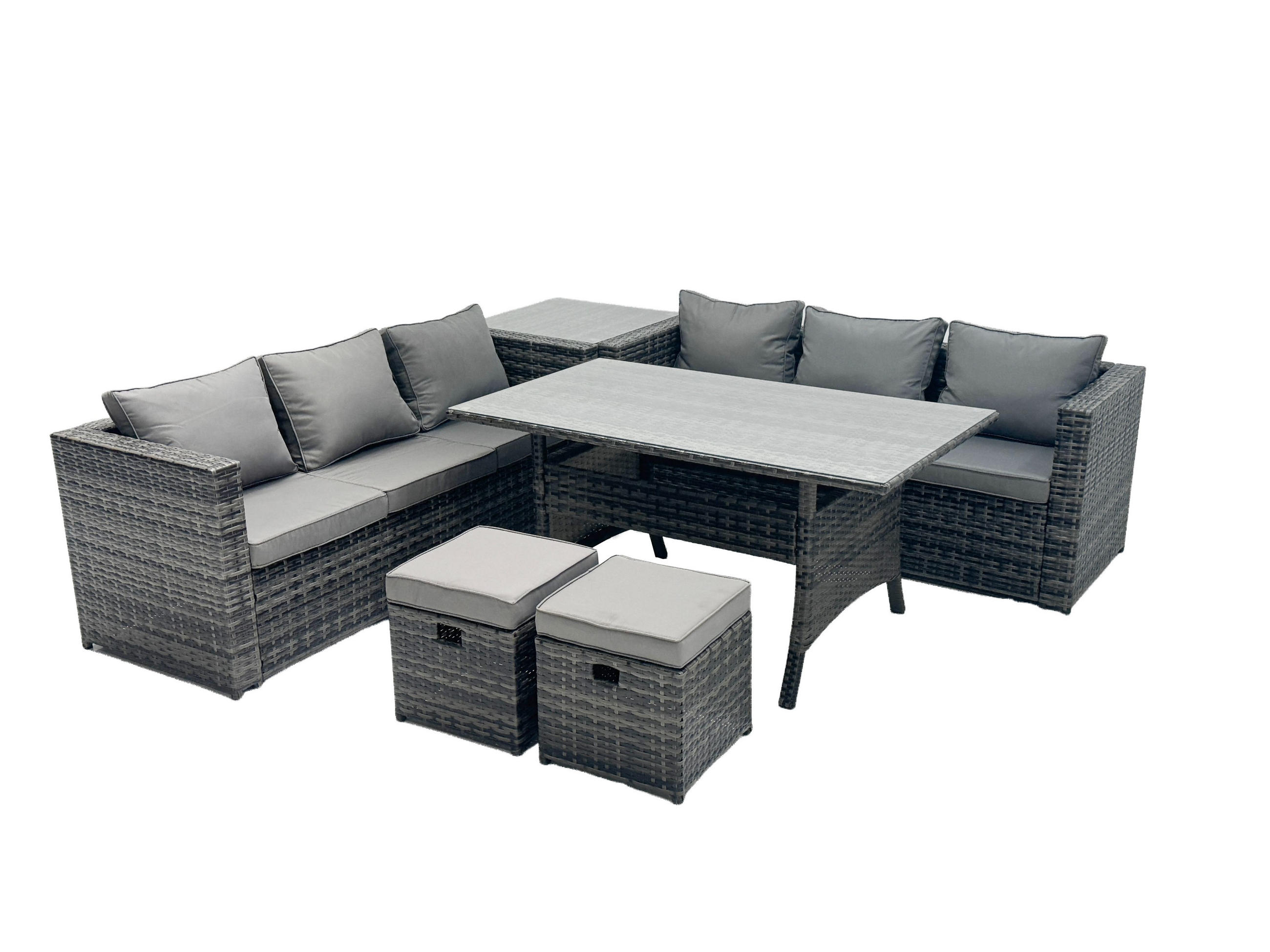 LOUNGEGARNITUR mit Hockern,Beistelltisch Polyrattan Dunkelgrau 8-Sitzer - Dunkelgrau/Grau, Glas/Kunststoff - Fimous
