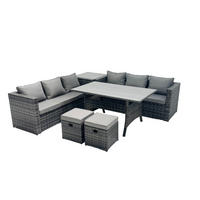 LOUNGEGARNITUR mit Hockern,Beistelltisch Polyrattan Dunkelgrau 8-Sitzer - Dunkelgrau/Grau, Glas/Kunststoff - Fimous