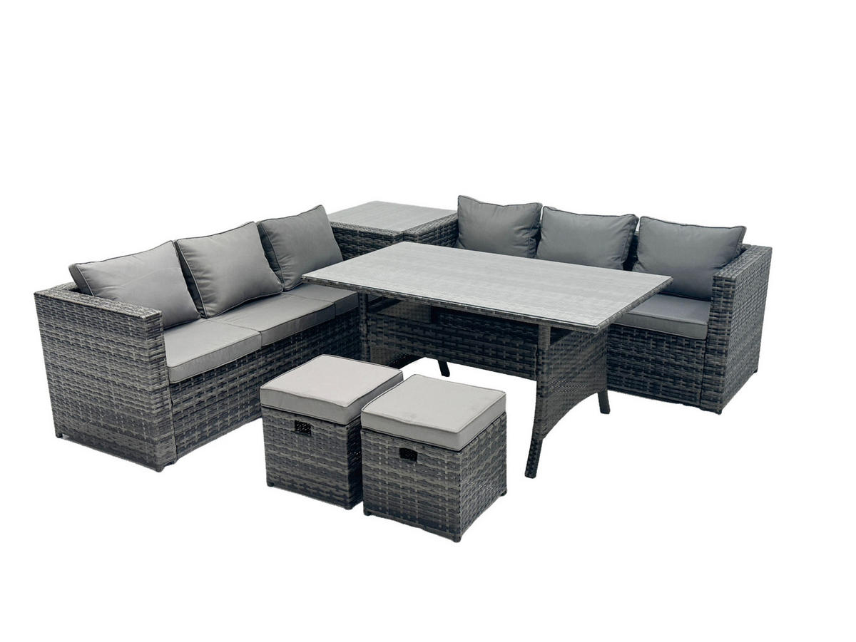LOUNGEGARNITUR mit Hockern,Beistelltisch Polyrattan Dunkelgrau 8-Sitzer - Dunkelgrau/Grau, Glas/Kunststoff - Fimous