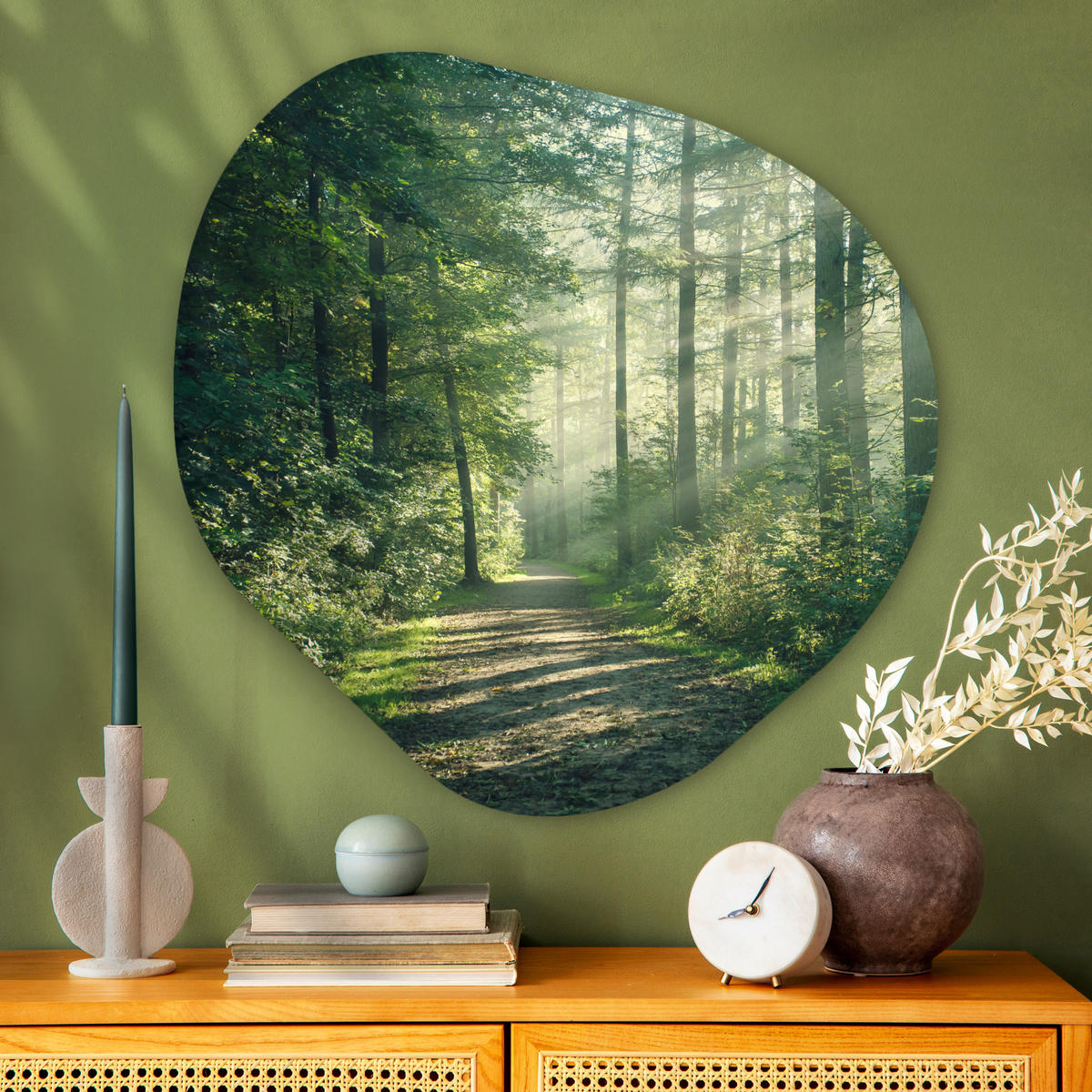 WANDBILD Wald - Weg - Sonne - Bäume - Grün - Natur 90x90 cm - Waldgrün, Kunststoff (90/90cm) - MuchoWow