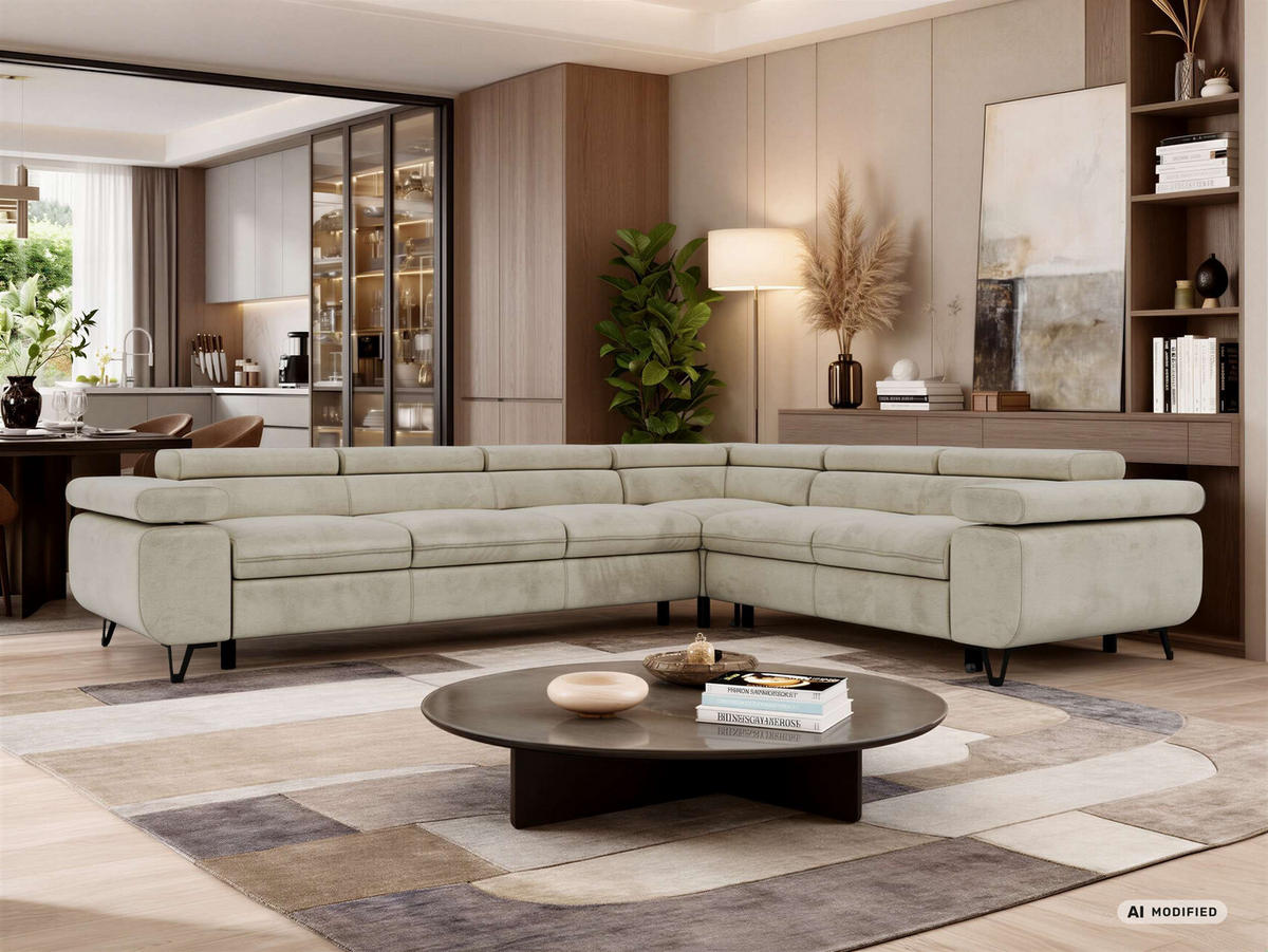 ECKSOFA NORDEN L - Beige Velvet - Links Seite - Beige/Schwarz, Textil/Metall (269/329cm) - MKS