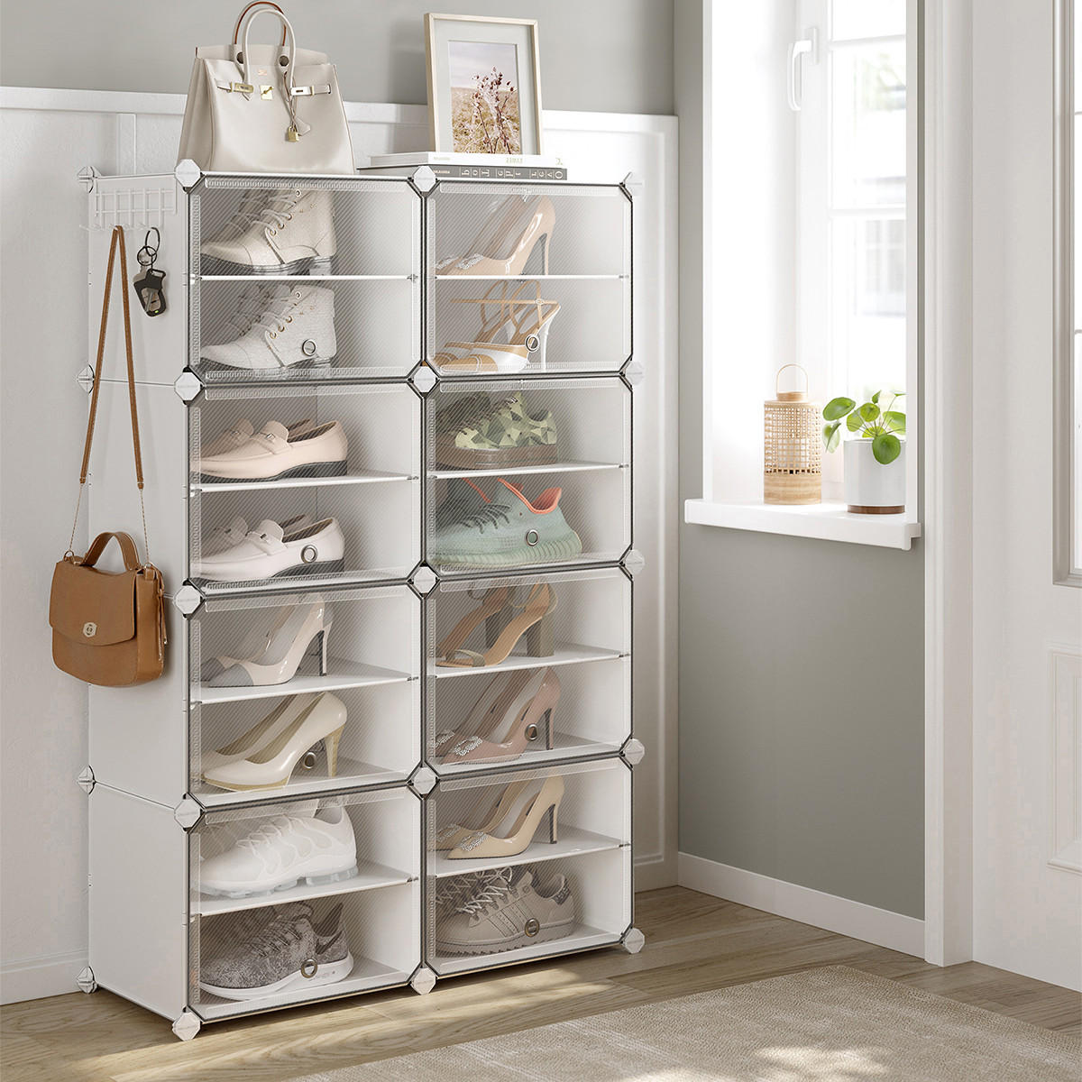 SCHUHSCHRANK 8 Klappen Weiß – B122 cm - Weiß, Metall (33/122/44cm) - Calicosy