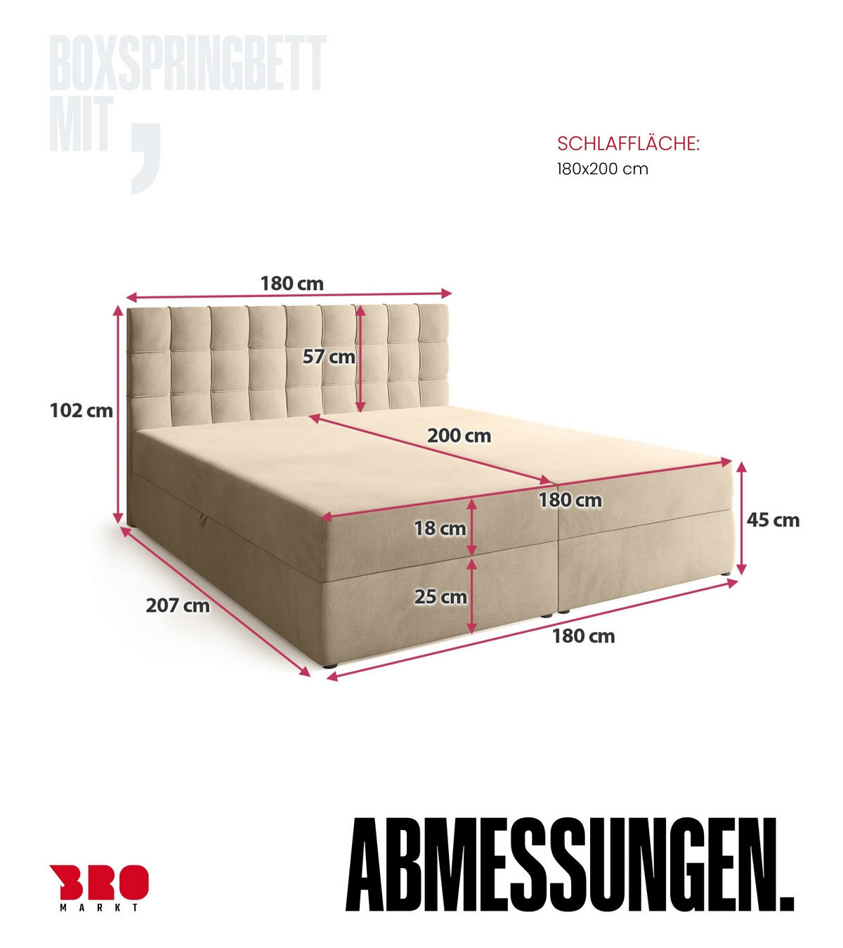 BOXBETT Detroit mit Topper 180/200 Beige - Beige, Holzwerkstoff/Textil (180/200cm) - Bromarkt