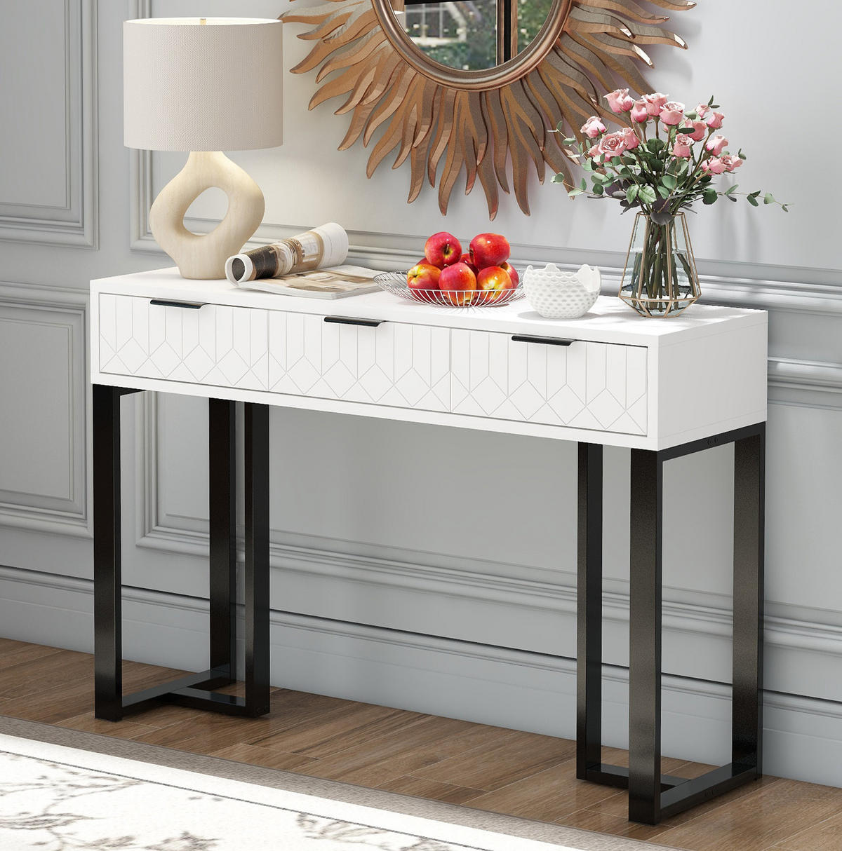 KONSOLENTISCH aus MDF 120x36x80 cm Schwarz/Weiß mit Schubladen und goldfarbenem Metallgestell - Schwarz, Holzwerkstoff (36/120/80cm) - IVMEU