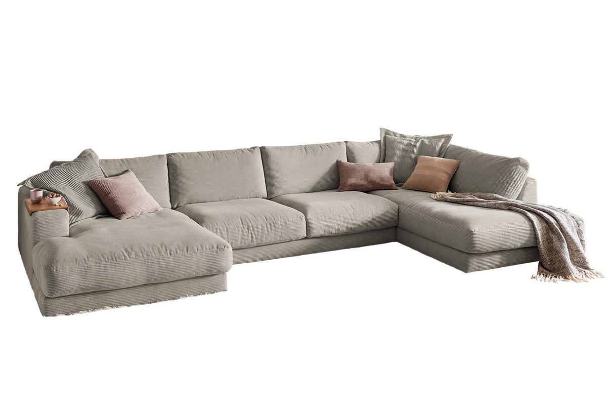 WOHNLANDSCHAFT MADELINE Granit Cord - Greige/Schwarz, Kunststoff/Textil (425/86/224cm) - KAWOLA