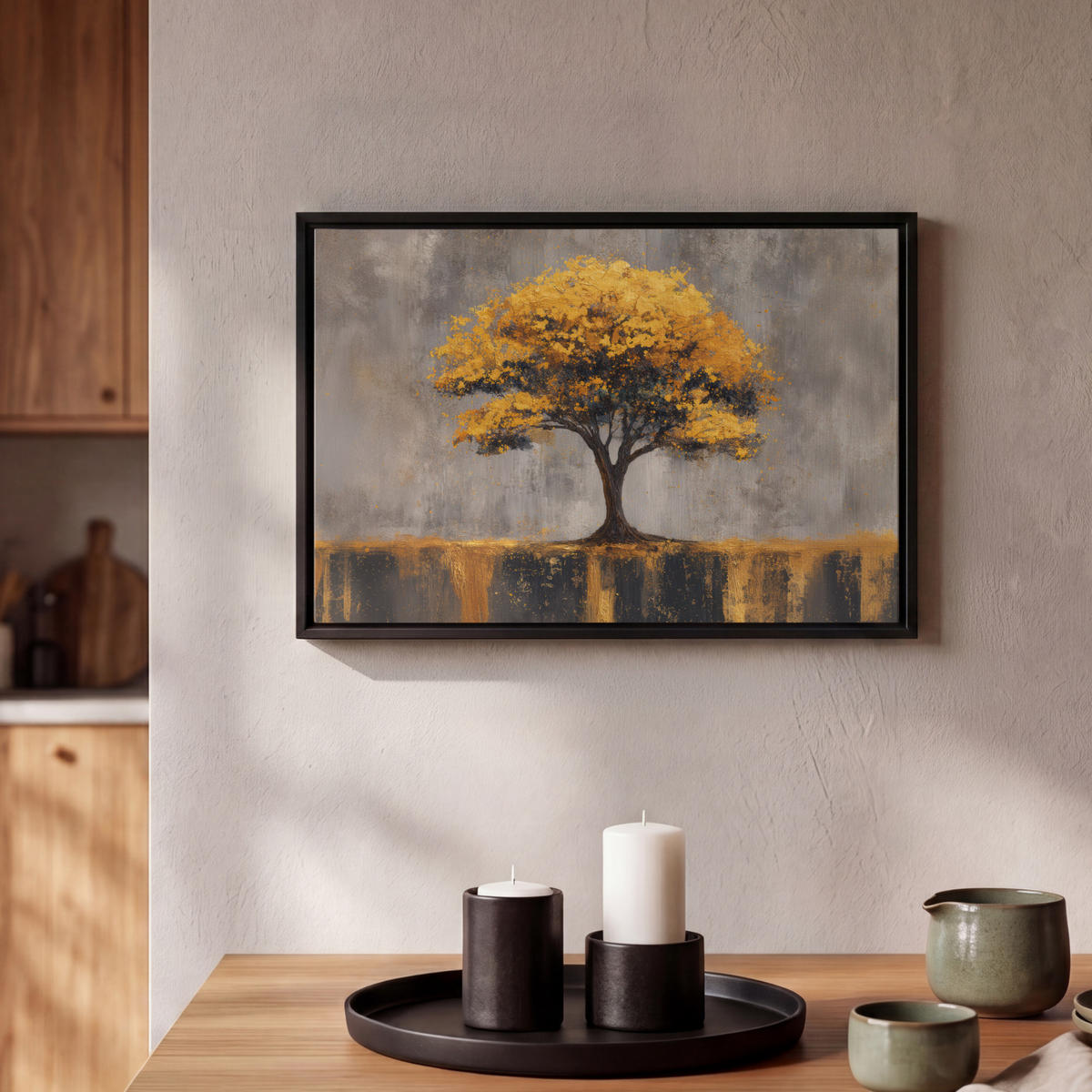 LEINWAND Bilder mit Rahmen - Baum - Blätter - Gold - Abstrakt - 30x20 - Grau, Textil (30/20cm) - MuchoWow