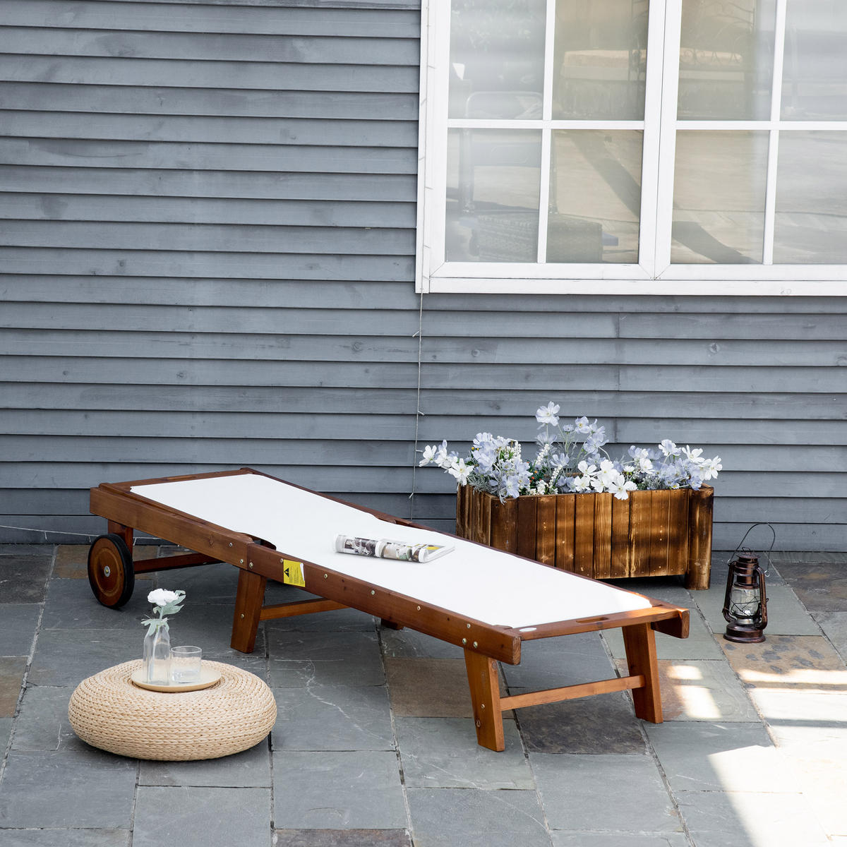 SONNENLIEGE Relaxliege Gartenliege Gartenmöbel verstellbar Akazienholz Textil Natur+Weiß 198 x 55 x 30-88,5 cm - Naturfarben, Holz (198/88.5/55cm)