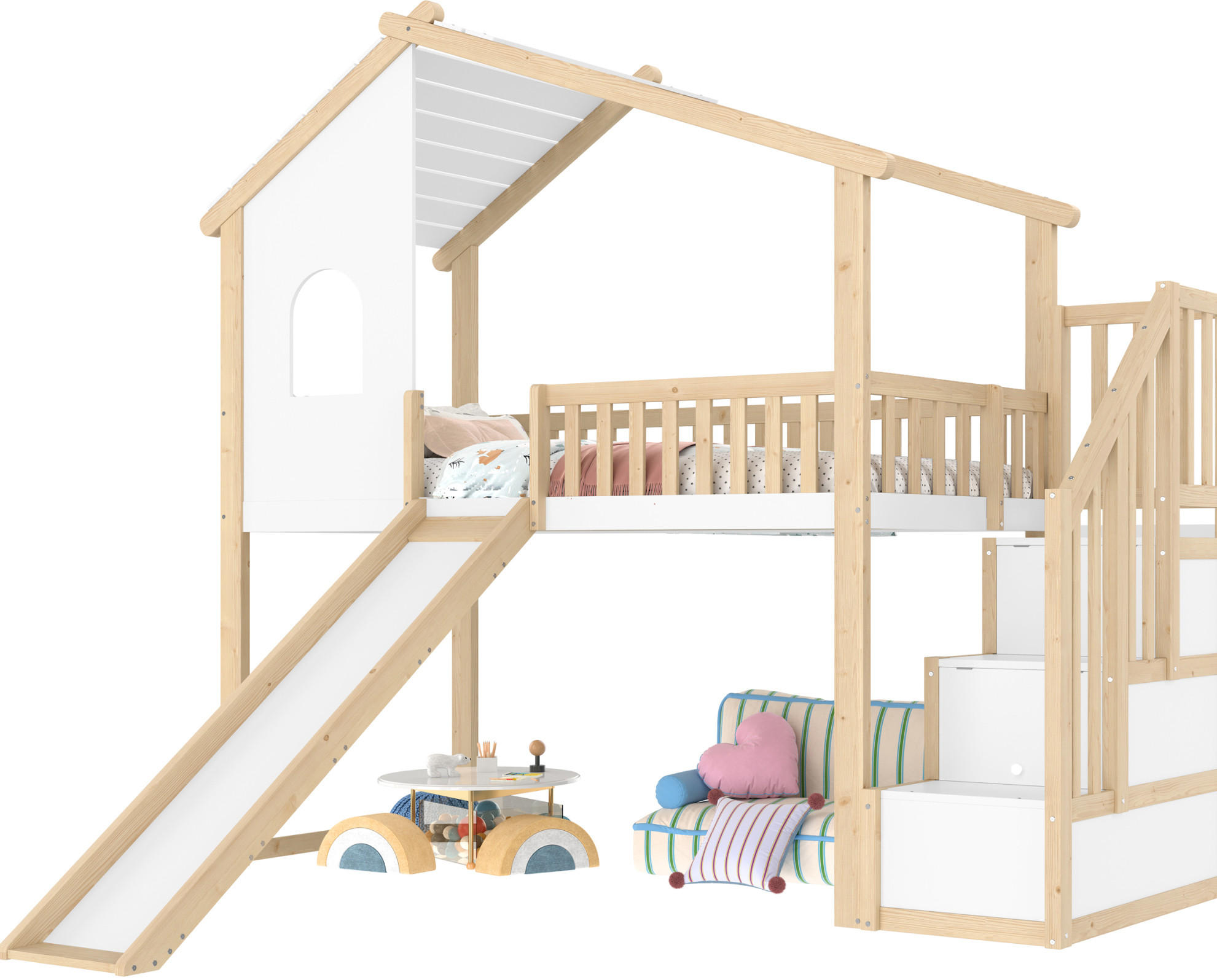 HOCHBETT 90/200 cm aus Kiefernholz mit Rutsche und Stauraumtreppe - Naturfarben, Holzwerkstoff (90/200cm) - BEAOK