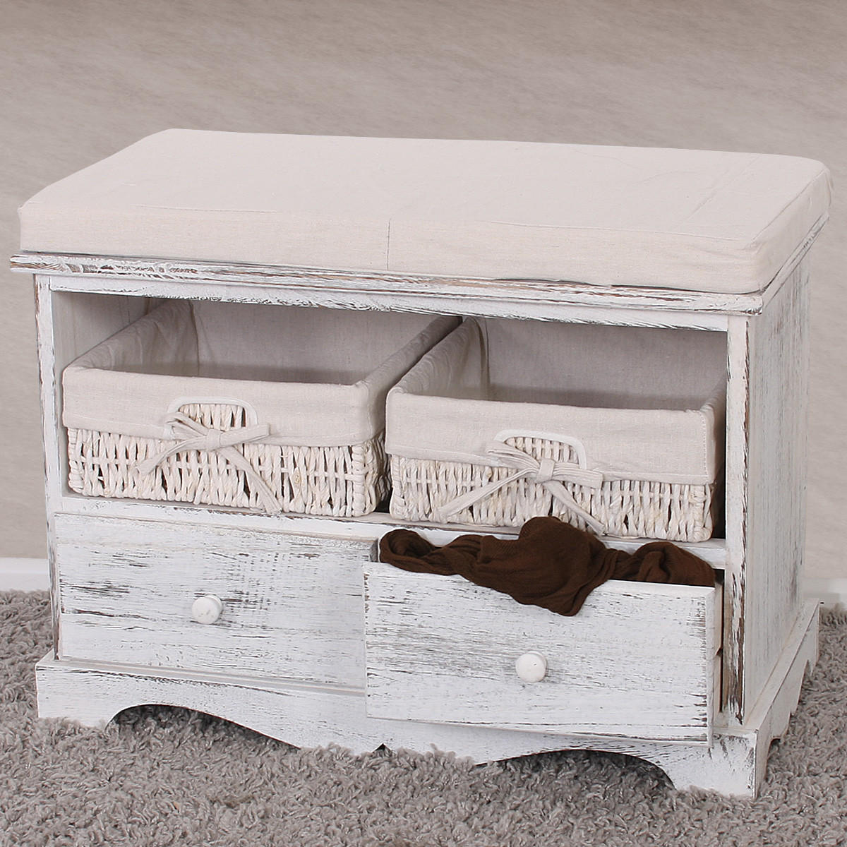 SITZBANK 2 KÖRBE SHABBY-LOOK Cremeweiß - Weiß, Holz (62/42/33cm) - MCW