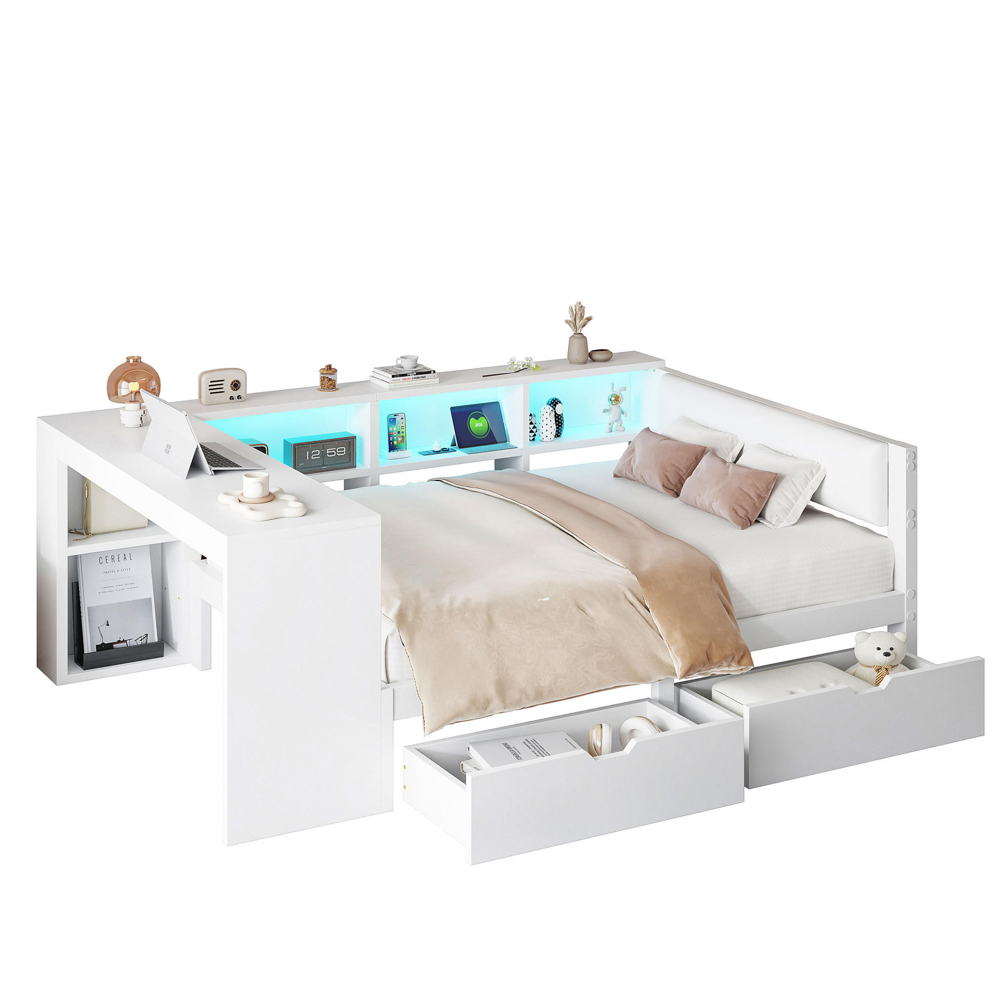 Modfu ČALOUNĚNÁ postel z MDF 140x200 cm bílá s LED osvětlením, USB porty, zásuvkami a úložným prostorem