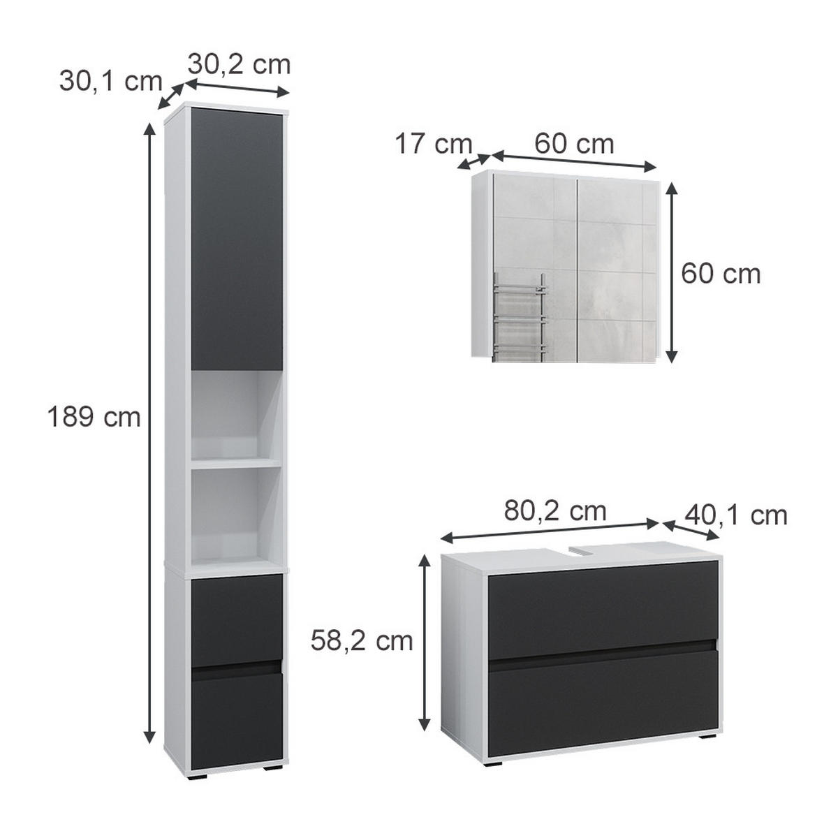 BADMÖBEL-SET Maltin Weiß/Anthrazit 3 Teile, mit Hochschrank - Anthrazit/Weiß, Holzwerkstoff (80/58/40cm) - Vicco