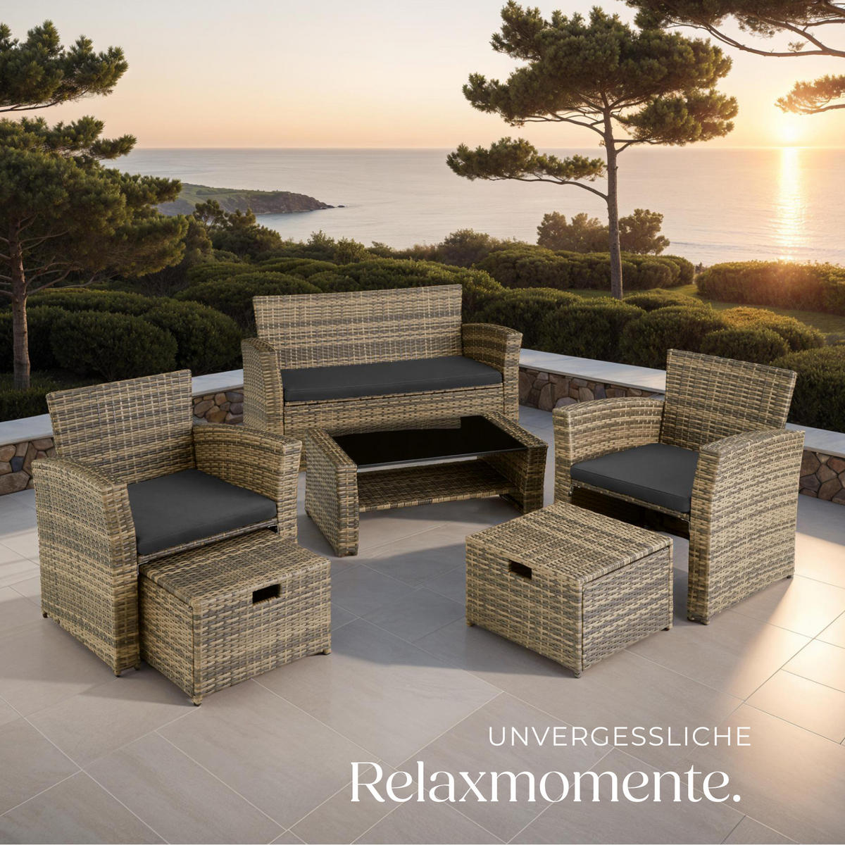 RATTAN SITZGRUPPE Modena,inklusive Staufach und Schutzhülle,natur - Naturfarben, Kunststoff - tectake