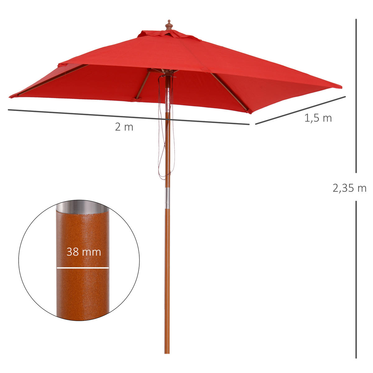 SONNENSCHIRM DE-11360 rechteckig, neigbar, Holz Rot - Rot, Holzwerkstoff (150/200cm) - ComfortXL