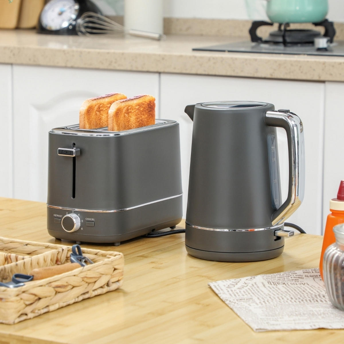WASSERKOCHER-TOASTER SET, 1,7 L Kapazität, 6 Bräunungsstufen, Grau - Grau, Kunststoff (16/24.3/21.2cm) - Rolipo