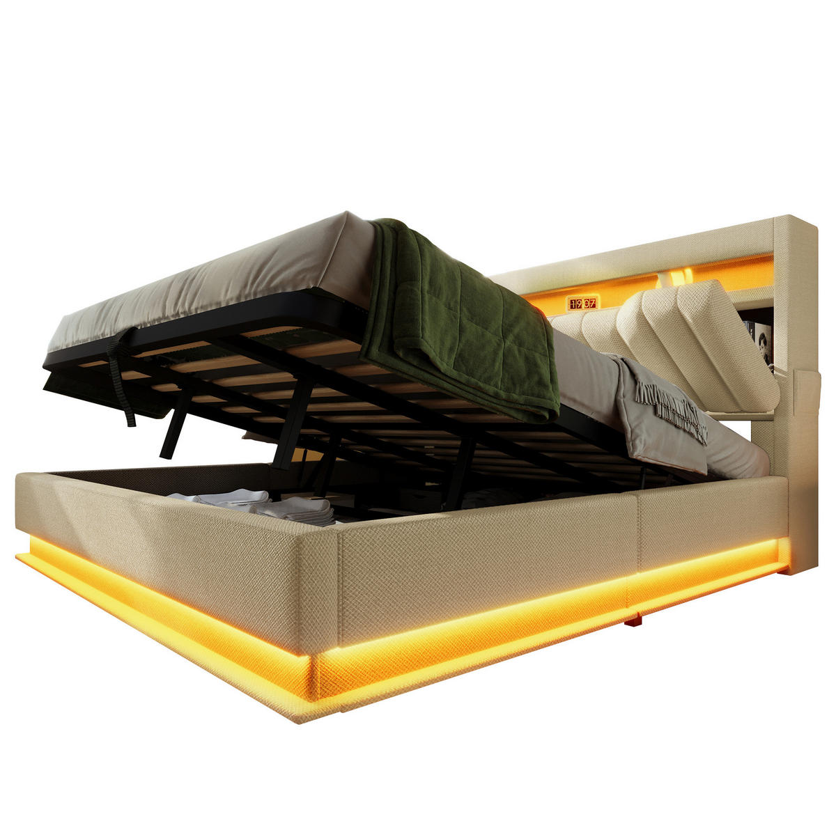 POLSTERBETT 160/200 cm Beige aus Leinen mit Stauraum und LED-Beleuchtung mit Matratze - Beige, Textil (160/200cm) - OKWISH