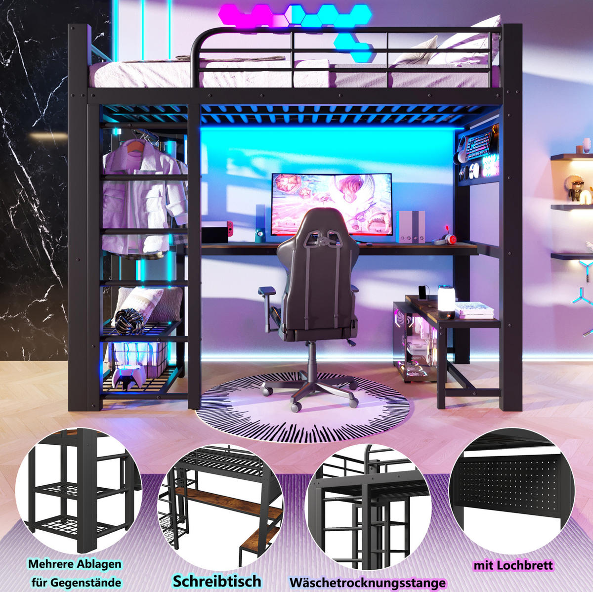 HOCHBETT 90/200 cm aus Metall mit LED und Stauraum, Schwarz - Schwarz, Metall (90/200cm) - OKMYHOME