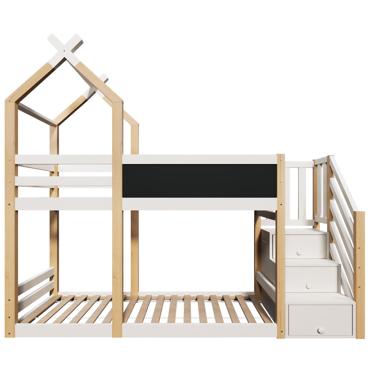HOCHBETT 90/200 cm in Weiß mit Treppenschrank und Tafel im Baumhaus-Design - Weiß, Holzwerkstoff (90/200cm) - BEAOK