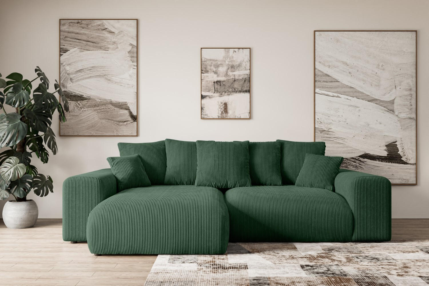 ECKSOFA mit Schlaffunktion und Bettkasten ESKAR-L 256x165x84cm Grün Cord - Schwarz/Grün, Holzwerkstoff/Kunststoff (256/165cm) - ALTDECOR
