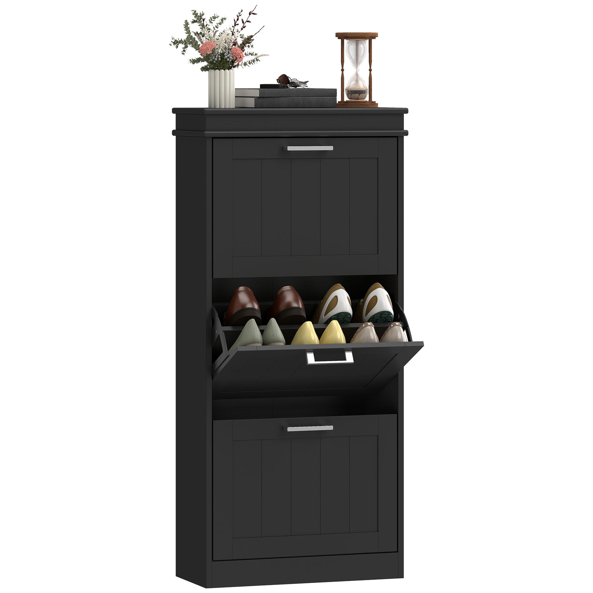 SCHUHSCHRANK Schwarz MDF klappbar mit 3 Fächern 1 Stück - Schwarz, Holzwerkstoff (54/117.5/24cm) - PANGIVO