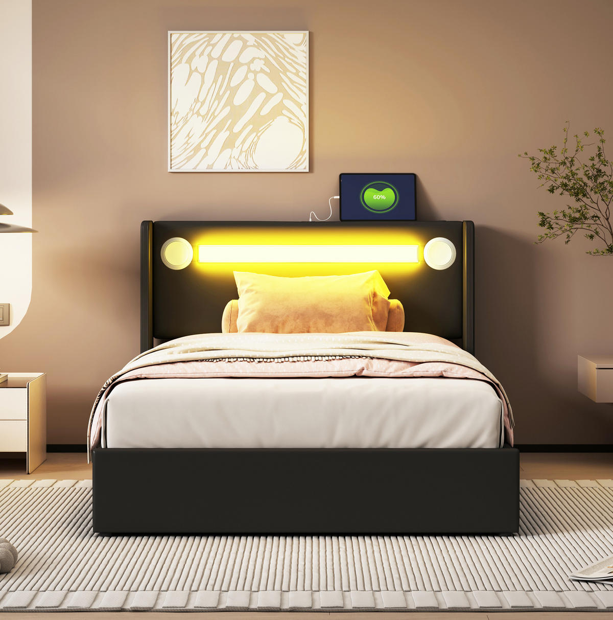 TAPECIRANI dječji krevet 90/200 cm crni od PU kože s LED rasvjetom, Bluetoothom i spremištem - crna, plastika (90/200cm) - OKWISH