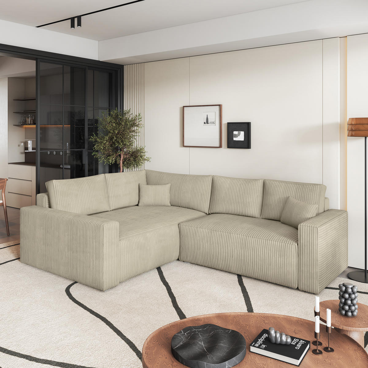 ECKSOFA ERONIS L-S Creme Kordstoff mit Schlaffunktion - Creme, Holz (265/194cm) - MASSENO