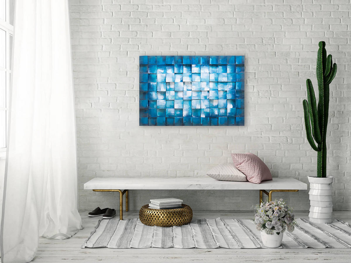 HOLZBILD Blau 90/60 cm - Blau/Weiß, Holz (4.5/60cm) - KUNSTLOFT