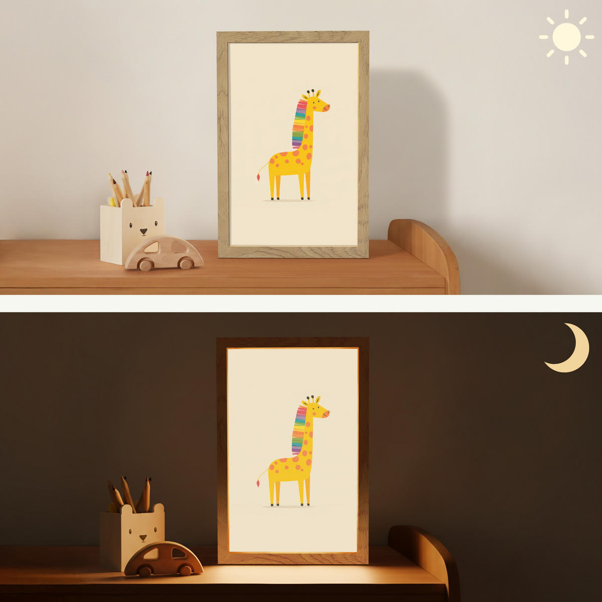 NACHTTISCHLAMPE Giraffe - Regenbogenmähne - Beige 20x30 cm - Beige, Holzwerkstoff (8/20/30cm)