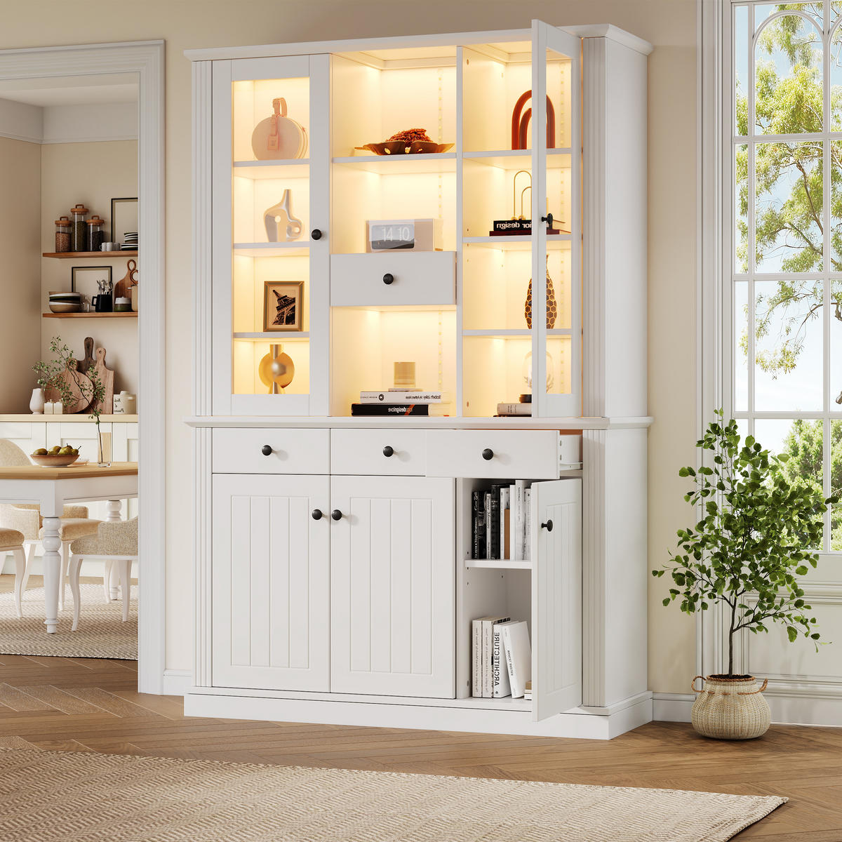 VITRINE 119,5x40x180 cm Weiß mit LED und 4 Schubladen - Weiß, Holzwerkstoff (119.5/180/40cm) - FLIEKS