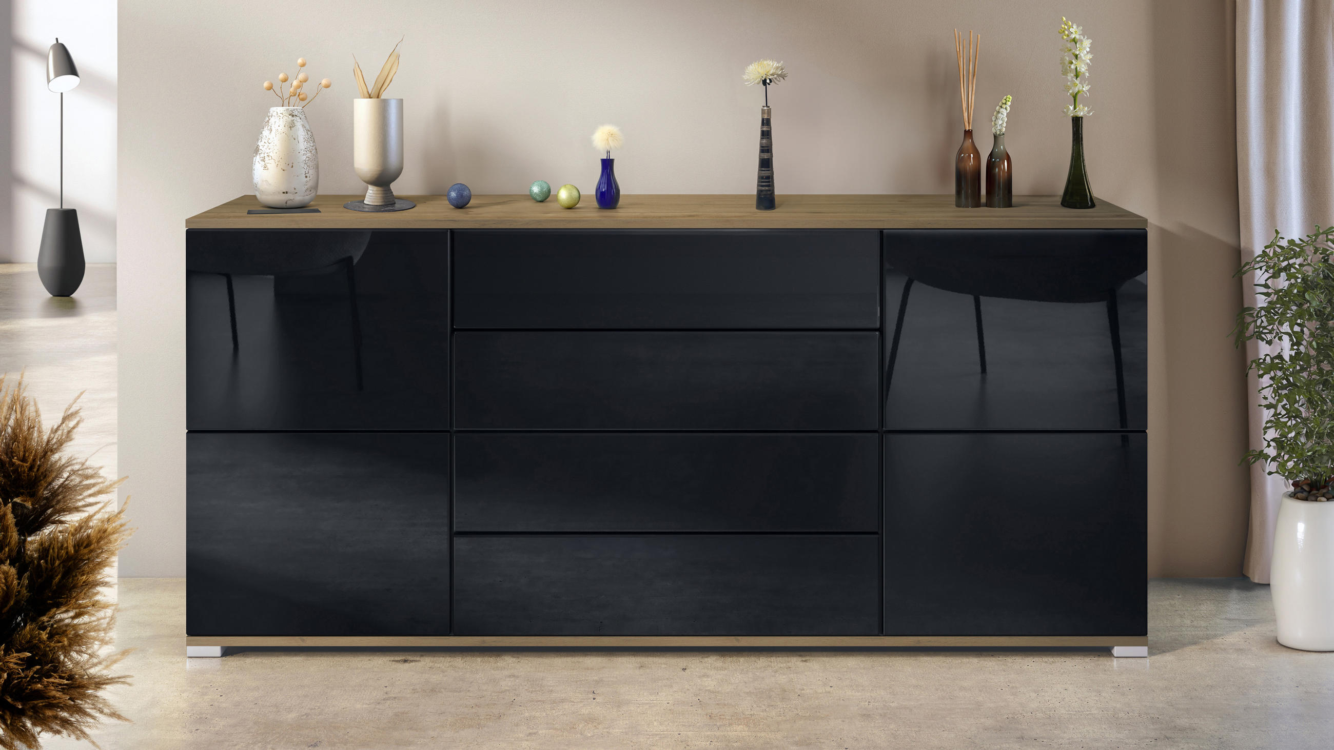 SIDEBOARD Rova Schwarz Hochglanz - Schwarz Hochglanz, Holzwerkstoff (166.5/75.5/35cm) - Vladon