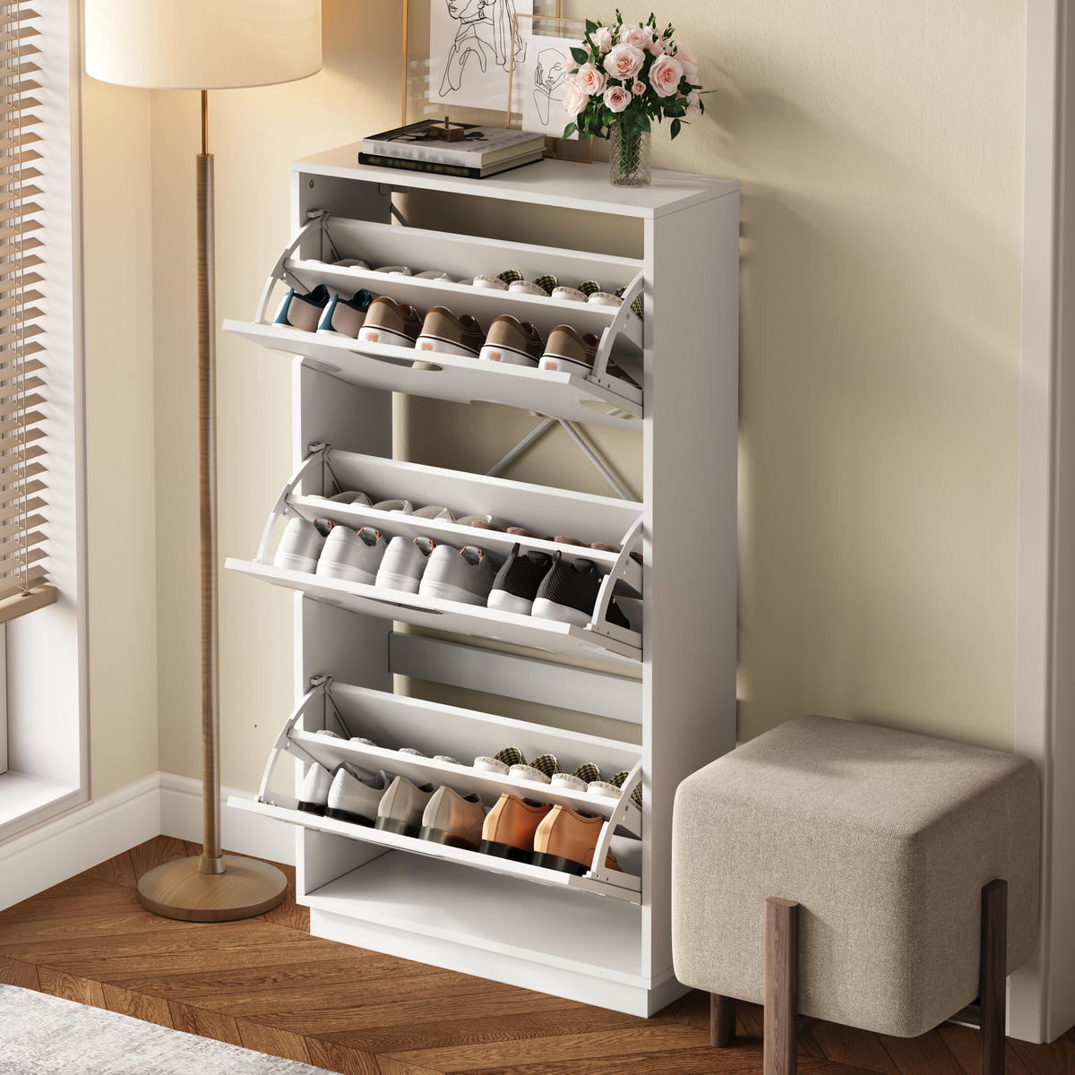 SCHUHSCHRANK 3 Klappen Spiegel Stauraum weiß - Weiß, Holz (63/120/24cm) - LEBENLANG