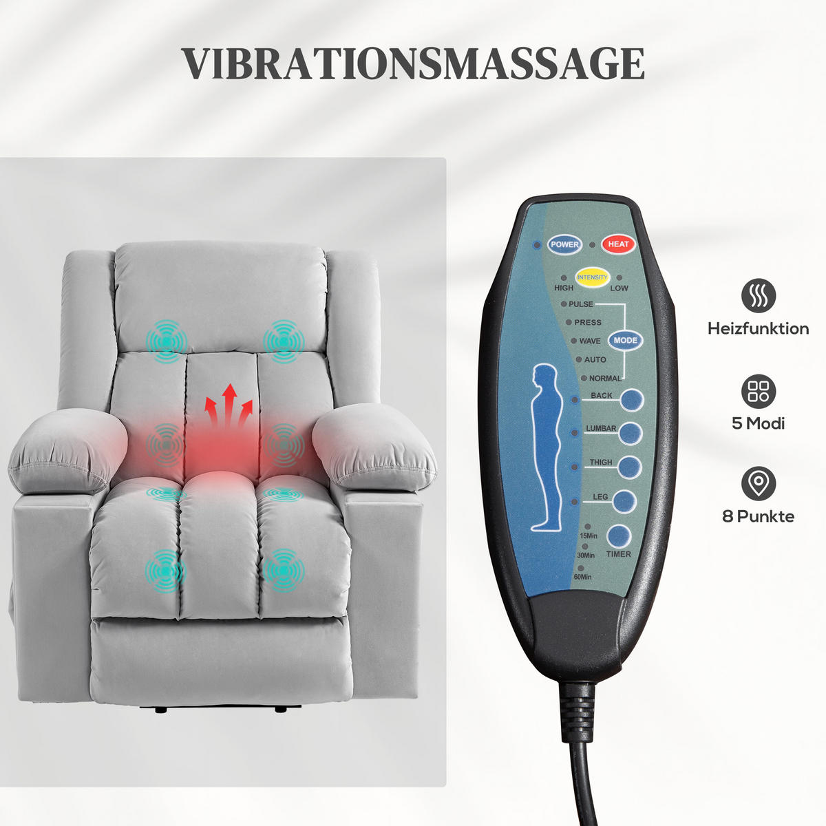 FERNSEHSESSEL mit Aufstehhilfe Relaxsessel mit Massage-/ Wärme-/Liegefunktion - Hellgrau, Textil (93/104/101cm) - HOMCOM