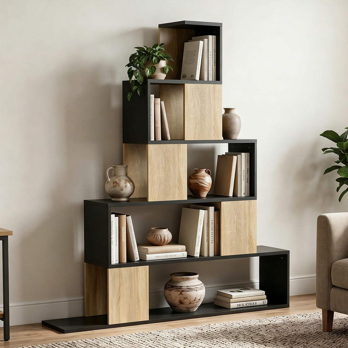 BÜCHERREGAL,5-STUFIG geometrisch,schwarz-naturholz - Schwarz, Holzwerkstoff (120/131.5/22cm) - Vallsero