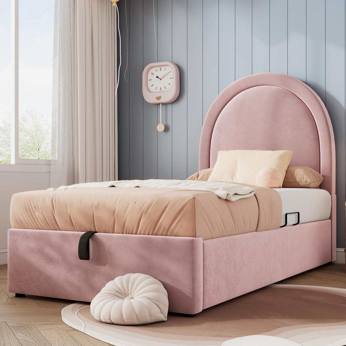 SAMT-POLSTERBETT 90/200 cm Rosa mit Bettkasten und gepolstertem Kopfteil - Rosa, Textil (90/200cm) - BEAOK