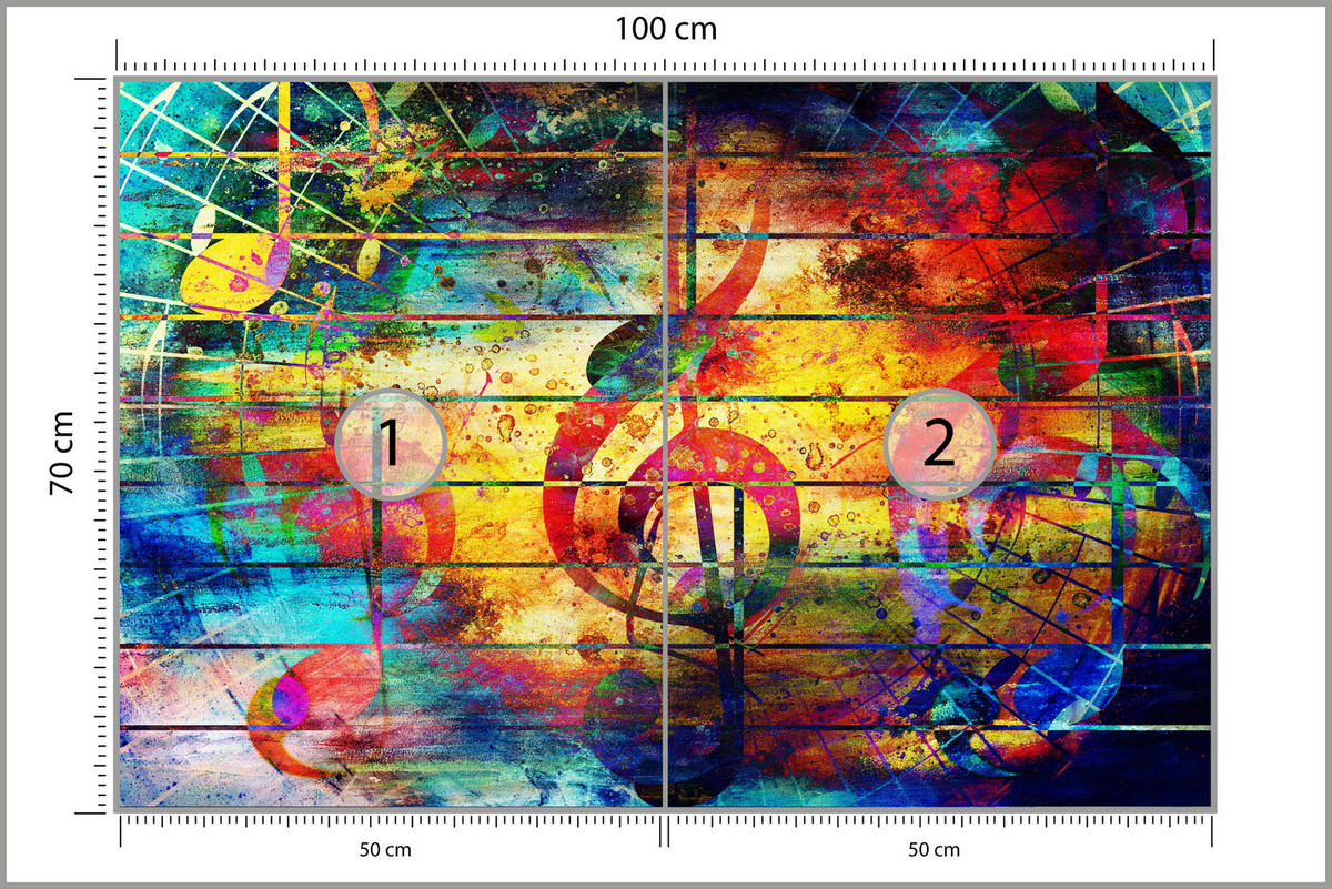 FOTOTAPETE für Jugendzimmer Bunte Abstrakte MUSIC Graffiti NOTEN 100x70 - Türkis/Gelb, Papier (100/70cm) - Muralo