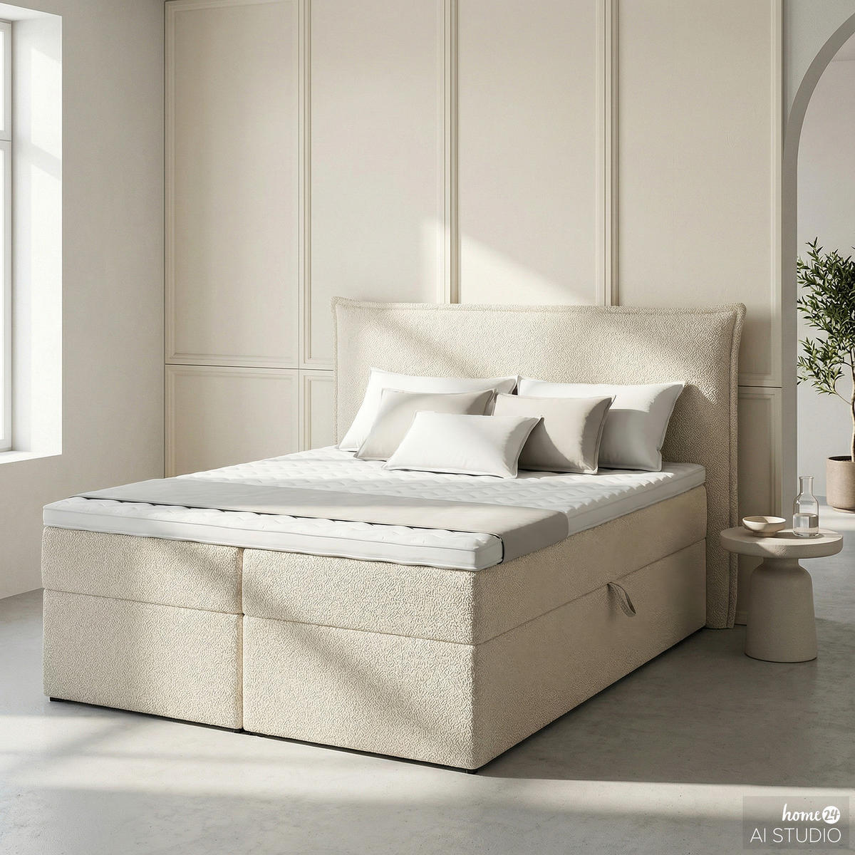 BOXBETT mit Stauraum - Bouclé - Creme, Holzwerkstoff/Textil (160/200cm) - home24