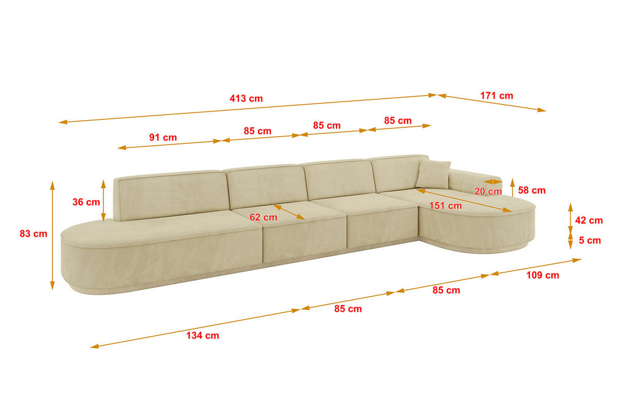 ECKSOFA Ottomane Rechts MARI-L3-v3 - 413x171x83 cm Beige Velours - Beige/Schwarz, Holzwerkstoff/Kunststoff (171/413cm) - ALTDECOR