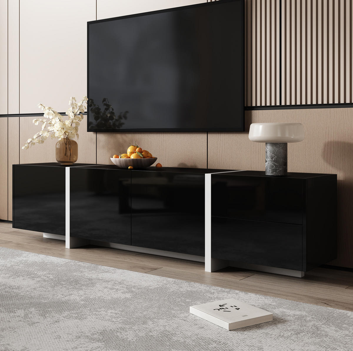 TV-LOWBOARD aus Holzwerkstoff 170x30x39 cm Schwarz/Weiß mit 3 Türen, 1 Schublade, Klappe und Kabeldurchlass - Schwarz, Holzwerkstoff (170/39/30cm) - Modfu