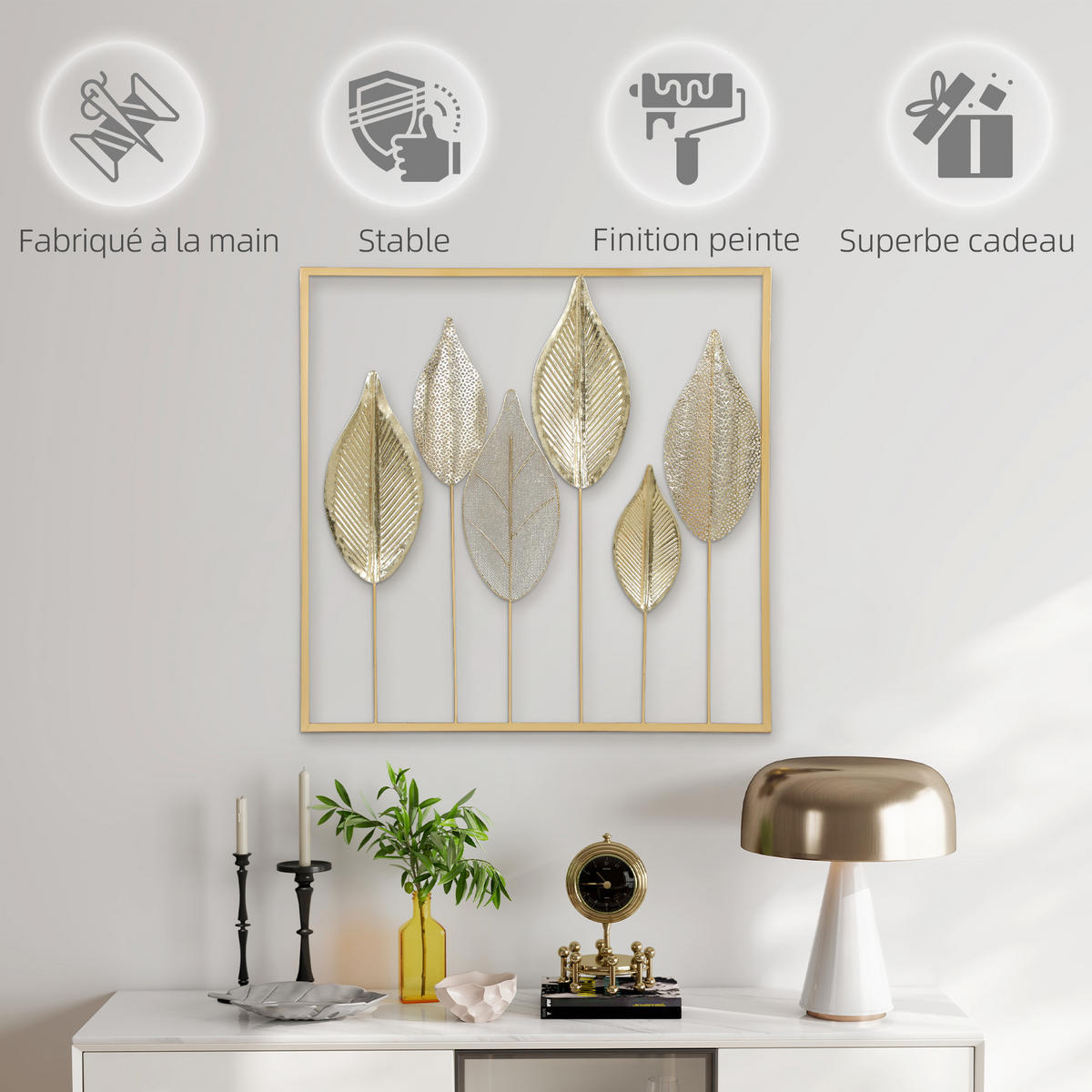 WANDDEKO DE-14327 modernes Blatt-Design Gold - Goldfarben, Metall (2.5/70/70cm) - ComfortXL