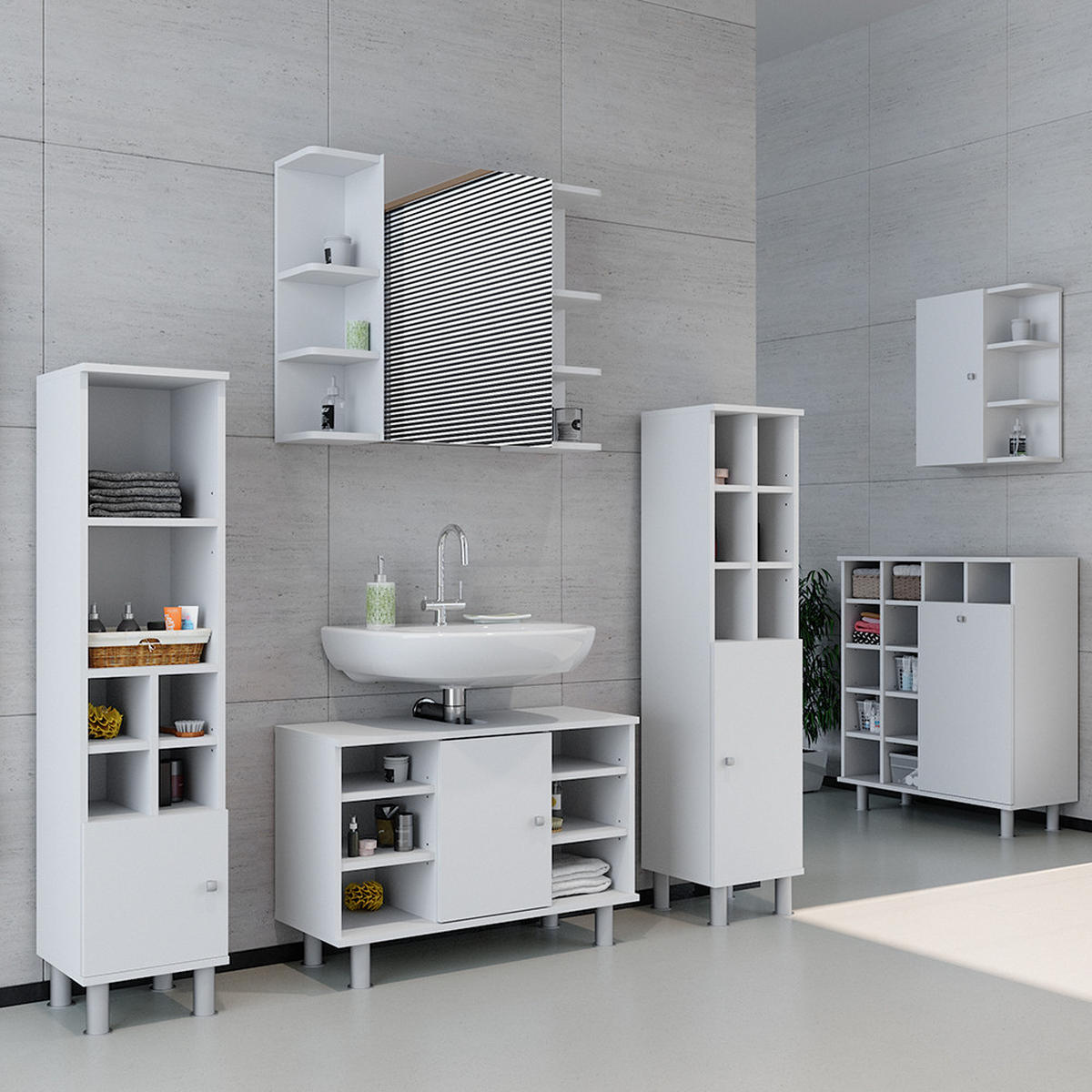 BADMÖBEL-SET Fynn Weiß 3 Teile, mit Midischrank Tür groß - Weiß, Holzwerkstoff (60/54/32cm) - Vicco