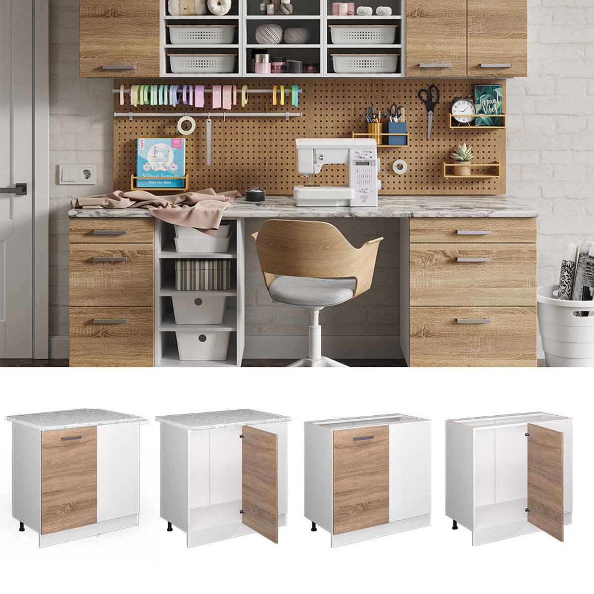 ECKSCHRANK FÜR HAUSRAT R-Line Sonoma 86 cm mit Tür, mit Arbeitsplatte - Weiß/Sonoma Eiche, Holzwerkstoff (86/81.6/60cm) - Vicco