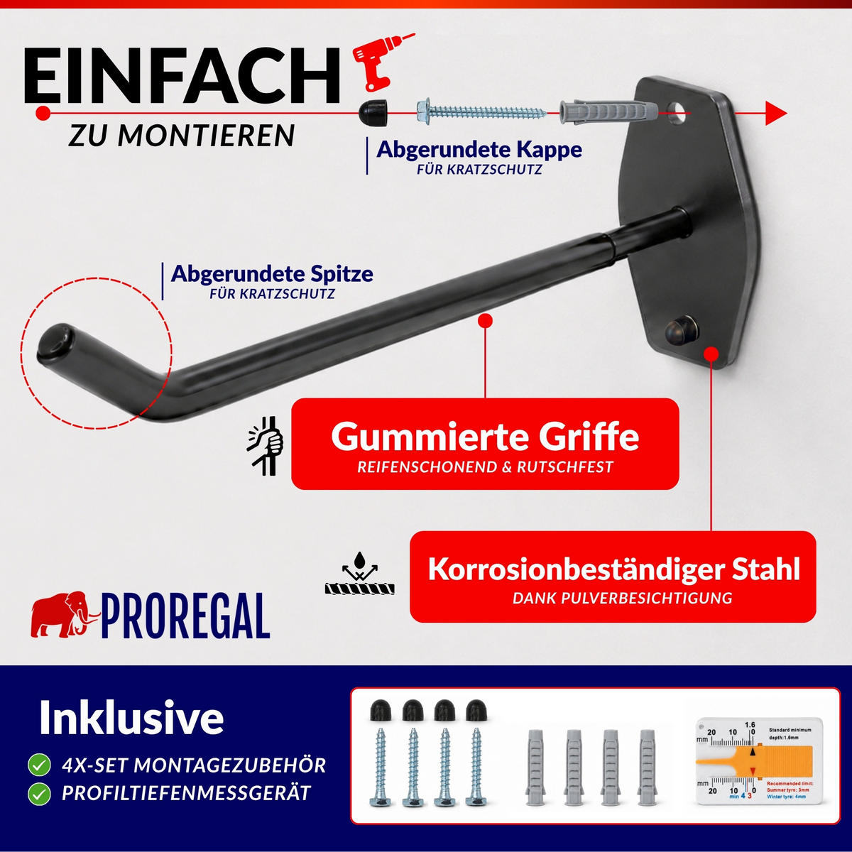 REIFENHALTER Wandhalterung PREX 4er Reifen Set HxBxT 9x5x25 cm Traglast 30 kg Schwarz Set für Garage Zum Anschrauben mit hoher Qualität - Schwarz, Metall (25/5/9cm) - PROREGAL