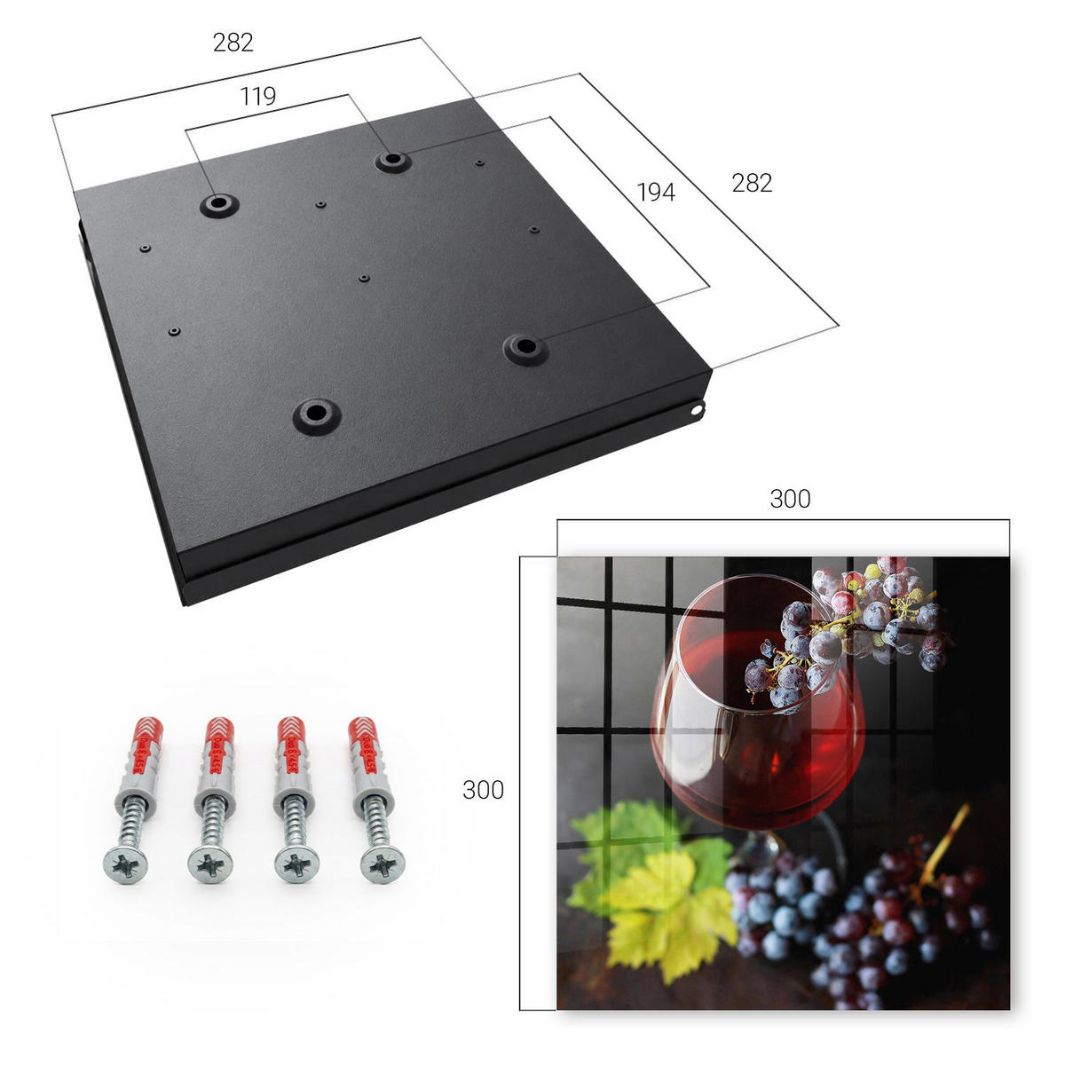 SCHLÜSSELBOX Schwarz 30x30 cm- Türöffnung nach rechts - Weintrauben - Rot, Metall (30/30/5cm) - TULUP