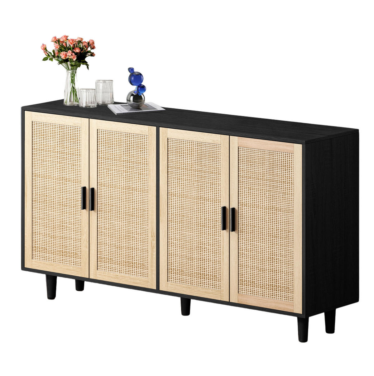 SIDEBOARD 158/40/88 cm mit 4 Rattantüren in Schwarz & viel Stauraum - Schwarz, Holzwerkstoff (158/88/40cm) - BEAOK