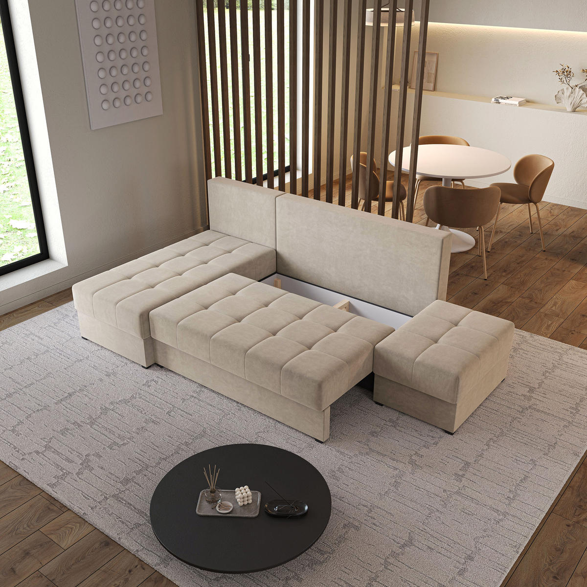 ECKSOFA NORVI Beige Plüsch-Stoff mit Schlaffunktion - Beige, Holz (251/143cm) - MASSENO